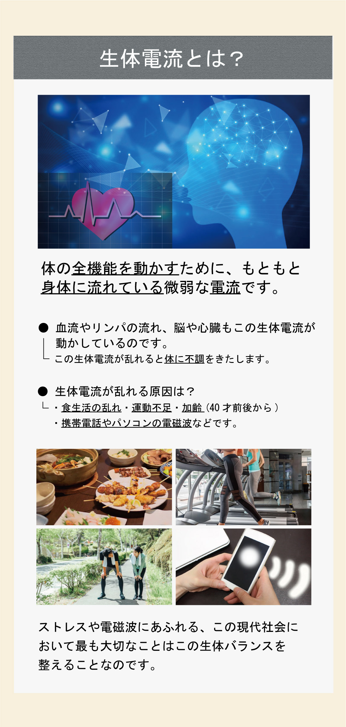 生体電流とは？体の全機能を動かすために、もともと身体に流れている微弱な電流です。●血流やリンパの流れ、脳や心臓もこの生体電流が動かしているのです。この生体電流が乱れると体に不調をきたします。●生体電流が乱れる原因は？・食生活の乱れ・運動不足・加齢(40才前後から)・携帯電話やパソコンの電磁波などです。ストレスや電磁波にあふれる、この現代社会において最も大切なことはこの生体バランスを整えることなのです。