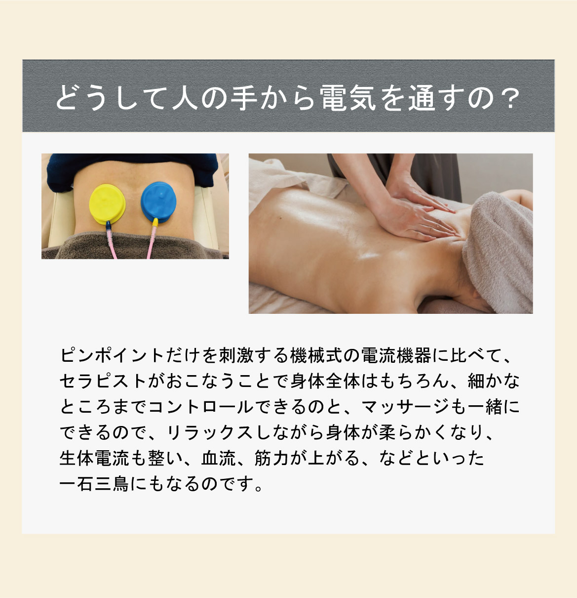 どうして人の手から電気を通すの？ピンポイントだけを刺激する機械式の電流機器に比べて、セラピストがおこなうことで身体全体はもちろん、細かなところまでコントロールできるのと、マッサージも一緒にできるので、リラックスしながら身体が柔らかくなり、生体電流も整い、血流、筋力が上がる、などといった一石三鳥にもなるのです。
