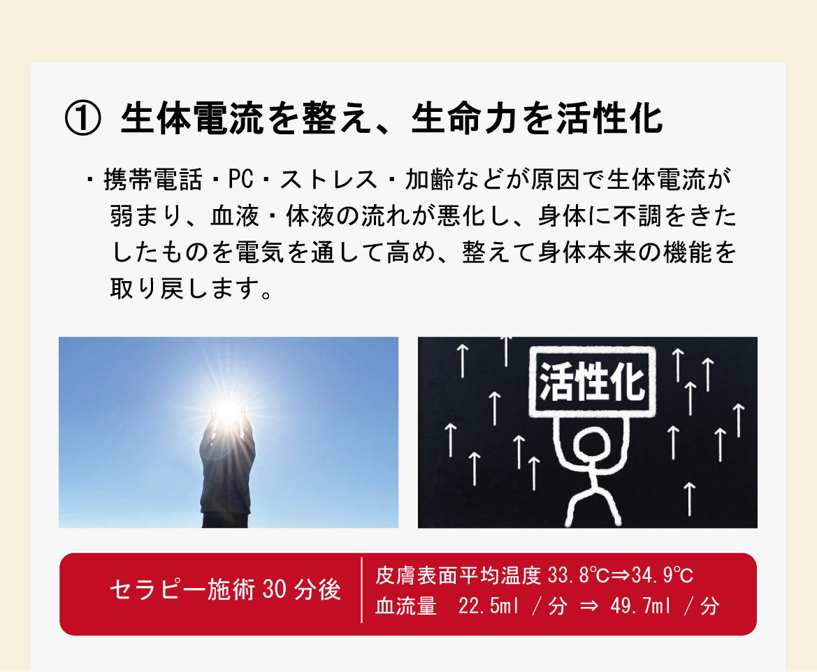①生体電流を整え、生命力を活性化。・携帯電話・PC・ストレス・加齢などが原因で生体電流が弱まり、血液・体液の流れが悪化し、身体に不調をきたしたものを電気を通して高め、整えて身体本来の機能を取り戻します。セラピー施術30分後 皮膚表面平均温度33.8℃⇒34.9℃。血流量　22.5ml /分 ⇒ 49.7ml /分