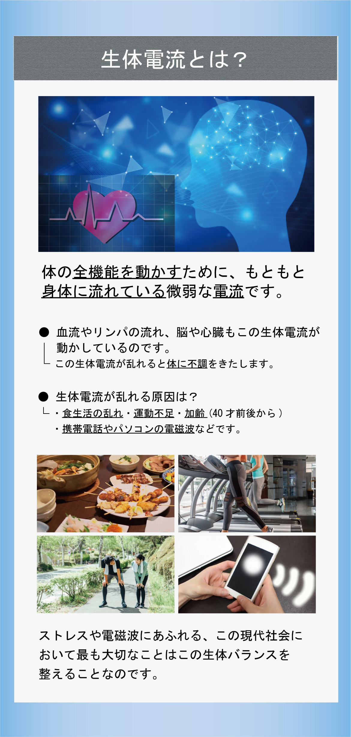 生体電流とは？体の全機能を動かすために、もともと身体に流れている微弱な電流です。●血流やリンパの流れ、脳や心臓もこの生体電流が動かしているのです。この生体電流が乱れると体に不調をきたします。●生体電流が乱れる原因は？・食生活の乱れ・運動不足・加齢(40才前後から)・携帯電話やパソコンの電磁波などです。ストレスや電磁波にあふれる、この現代社会において最も大切なことはこの生体バランスを整えることなのです。