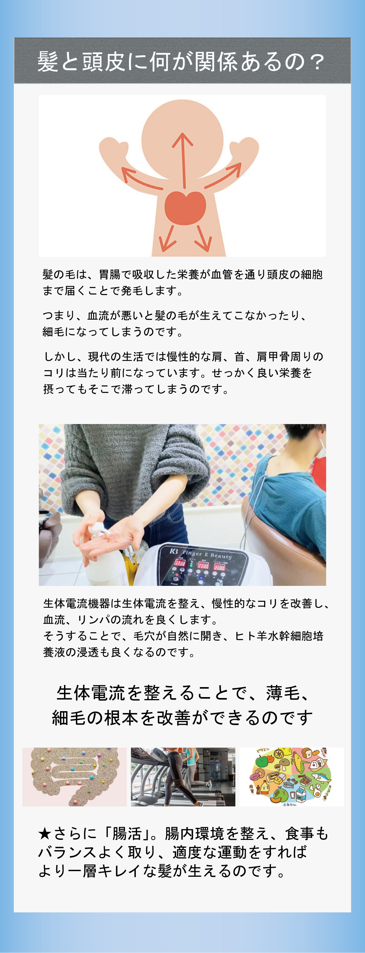 髪と頭皮に何が関係あるの？髪の毛は、胃腸で吸収した栄養が血管を通り頭皮の細胞つまり、血流が悪いと髪の毛が生えてこなかったり、細毛になってしまうのです。まで届くことで発毛します。しかし、現代の生活では慢性的な肩、首、肩甲骨周りのコリは当たり前になっています。せっかく良い栄養を摂ってもそこで滞ってしまうのです。生体電流機器は生体電流を整え、慢性的なコリを改善し、血流、リンパの流れを良くします。そうすることで、毛穴が自然に開き、ヒト羊水幹細胞培養液の浸透も良くなるのです。生体電流を整えることで、薄毛、細毛の根本を改善ができるのです。★さらに「腸活」。腸内環境を整え、食事もバランスよく取り、適度な運動をすればより一層キレイな髪が生えるのです。