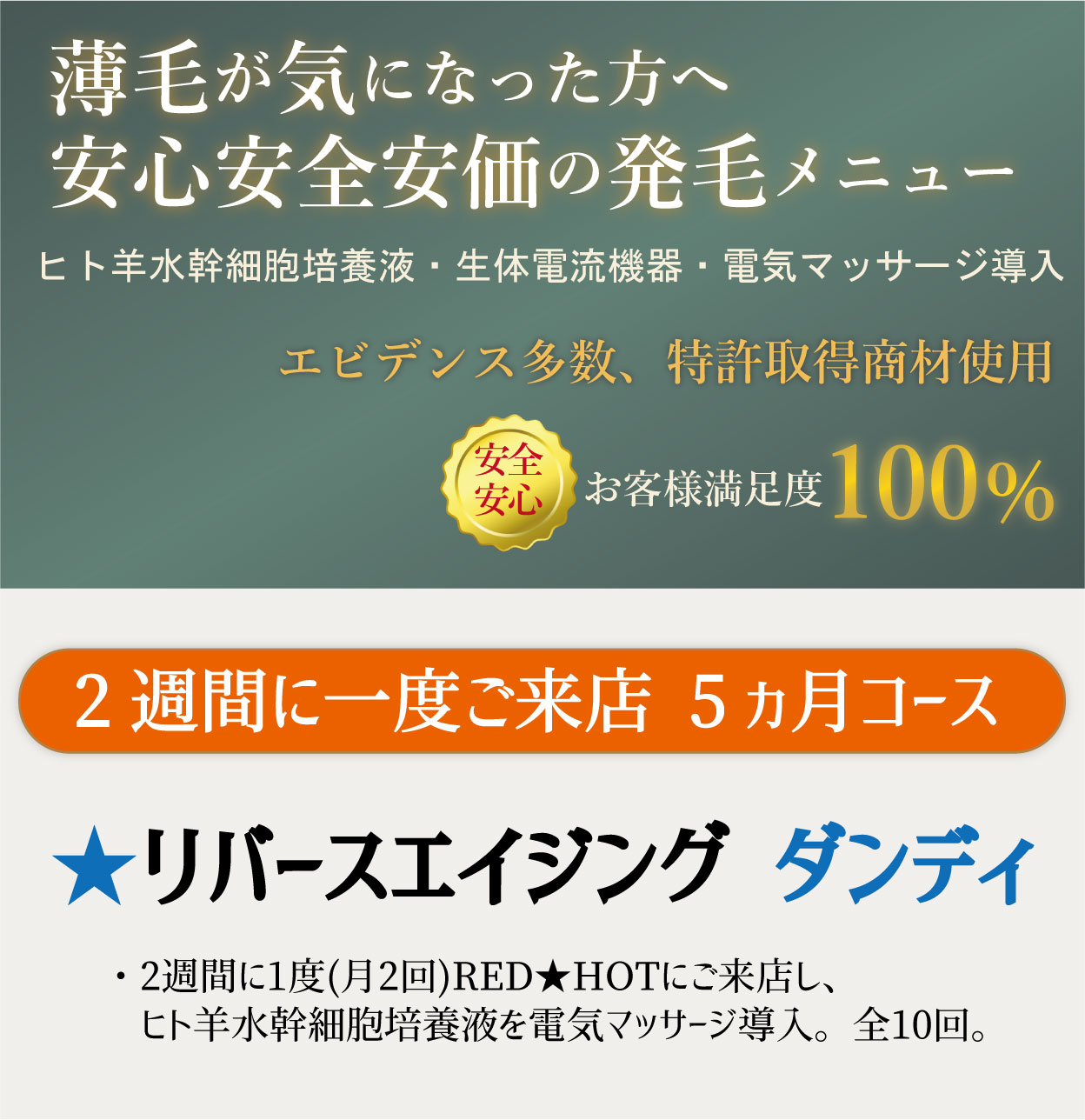 薄毛が気になった方へ 安心安全安価の発毛メニュー。ヒト羊水幹細胞培養液・生体電流機器・電気マッサージ導入。エビデンス多数、特許取得商材使用。安心安全お客様満足度100％。2週間に一度ご来店 5ヵ月コース。★リバースエイジング ダンディ。・2週間に1度(月2回)RED★HOTにご来店し、ヒト羊水幹細胞培養液を電気マッサージ導入。全10回。