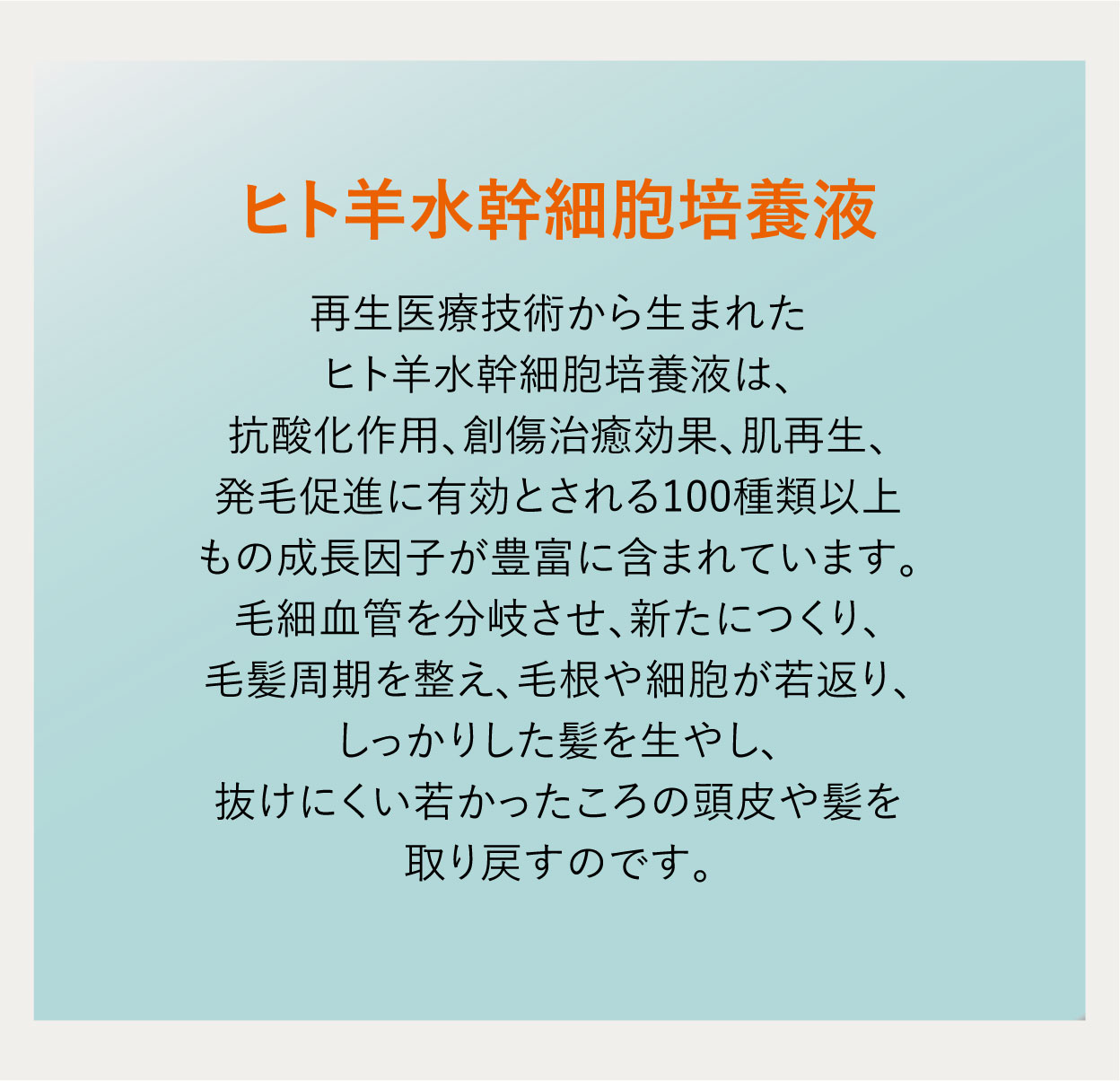 ヒト羊水幹細胞培養液 再生医療技術から生まれたヒト羊水幹細胞培養液は、抗酸化作用、創傷治癒効果、肌再生、発毛促進に有効とされる100種類以上もの成長因子が豊富に含まれています。毛細血管を分岐させ、新たにつくり、毛髪周期を整え、毛根や細胞が若返り、しっかりした髪を生やし、抜けにくい若かったころの頭皮や髪を取り戻すのです。